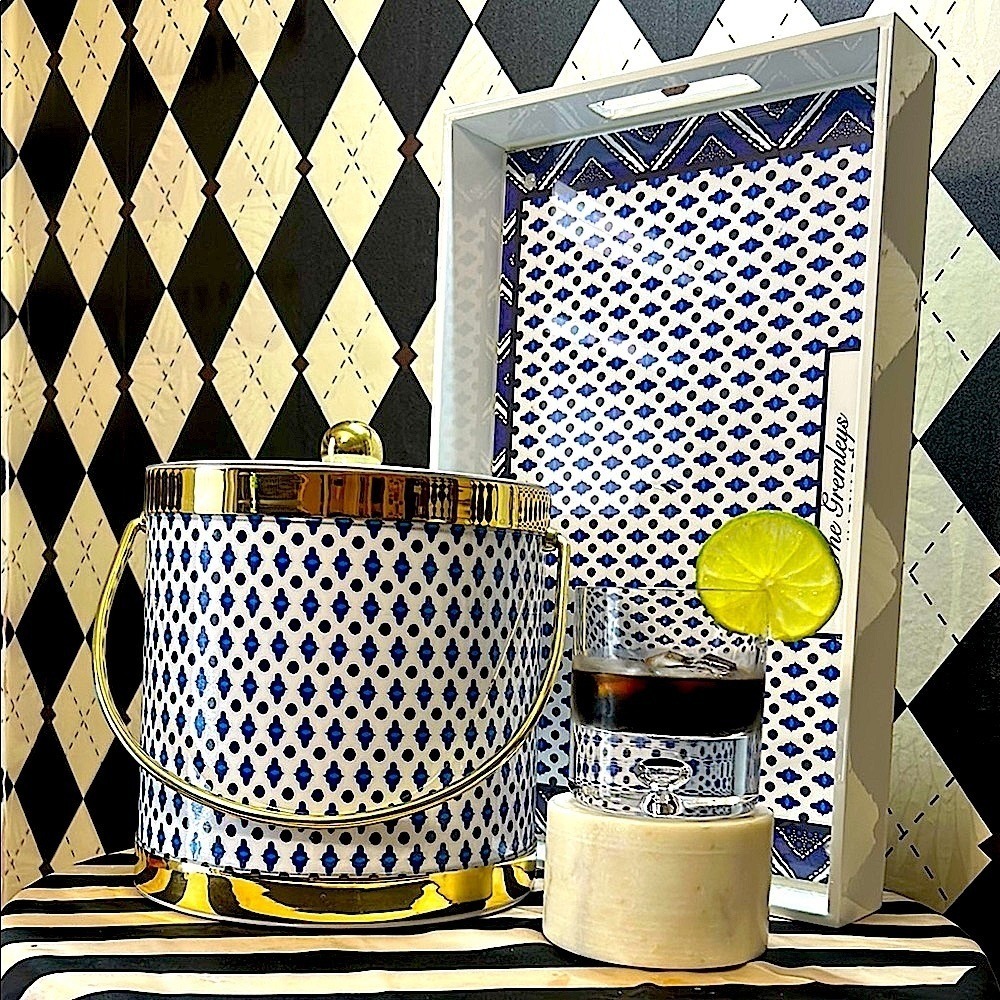Blue & White Ice Bucket, Lid & Tray Set with Gold‎ Trim | Bar Cart Glam - Picture 3 of 14